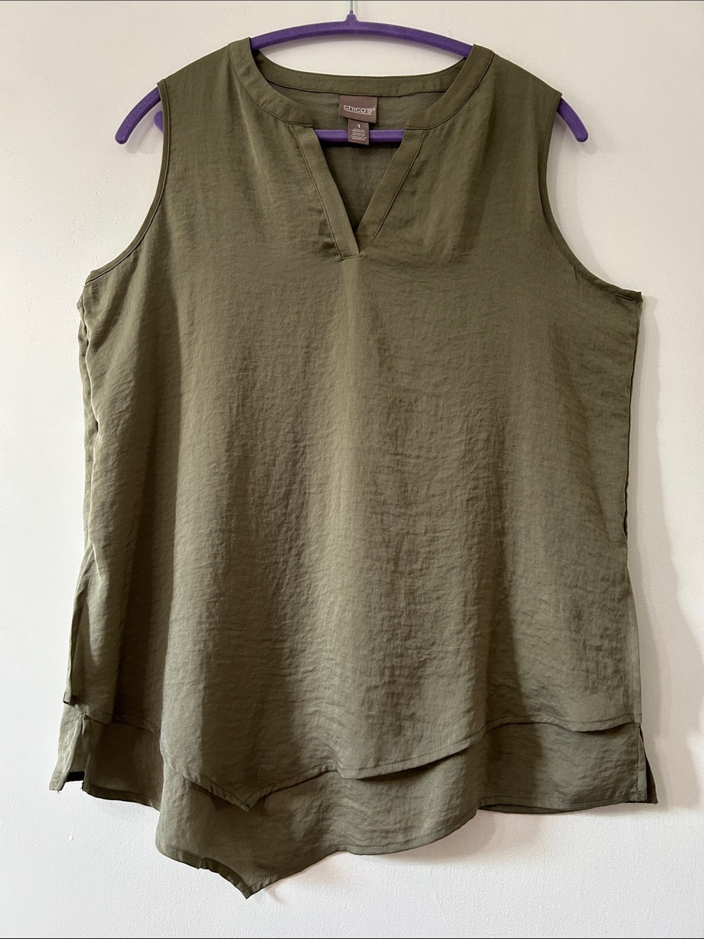 Chico's Camisole Olive Green Sleeveless V-Notch Layered Asymmetrical Hemline